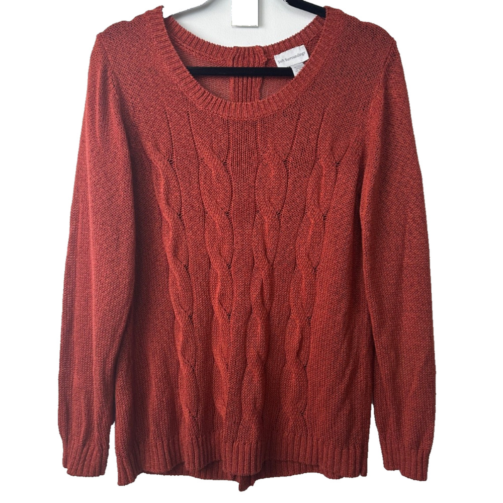 Soft Surroundings Sweater Womens L Rust Cable Knit Faux Button Back Acrylic C20